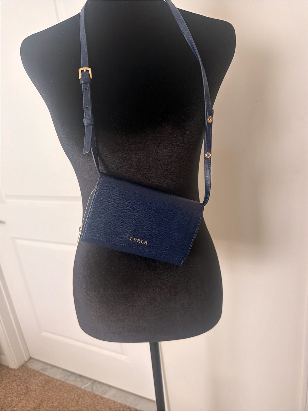 Furla Navy Leather Crossbody Wallet Bag with Gold Hardware